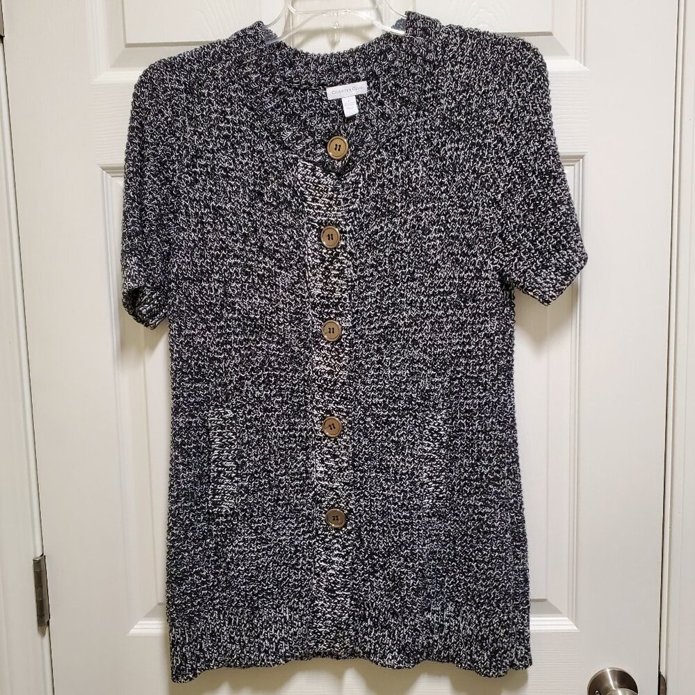 Heathered Weave Short Sleeved Button Sweater